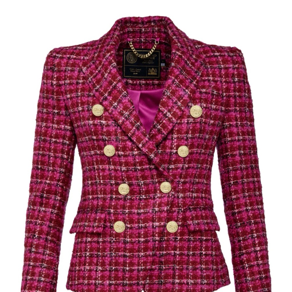 Elegant Fuchsia Tweed Double-Breasted Blazer